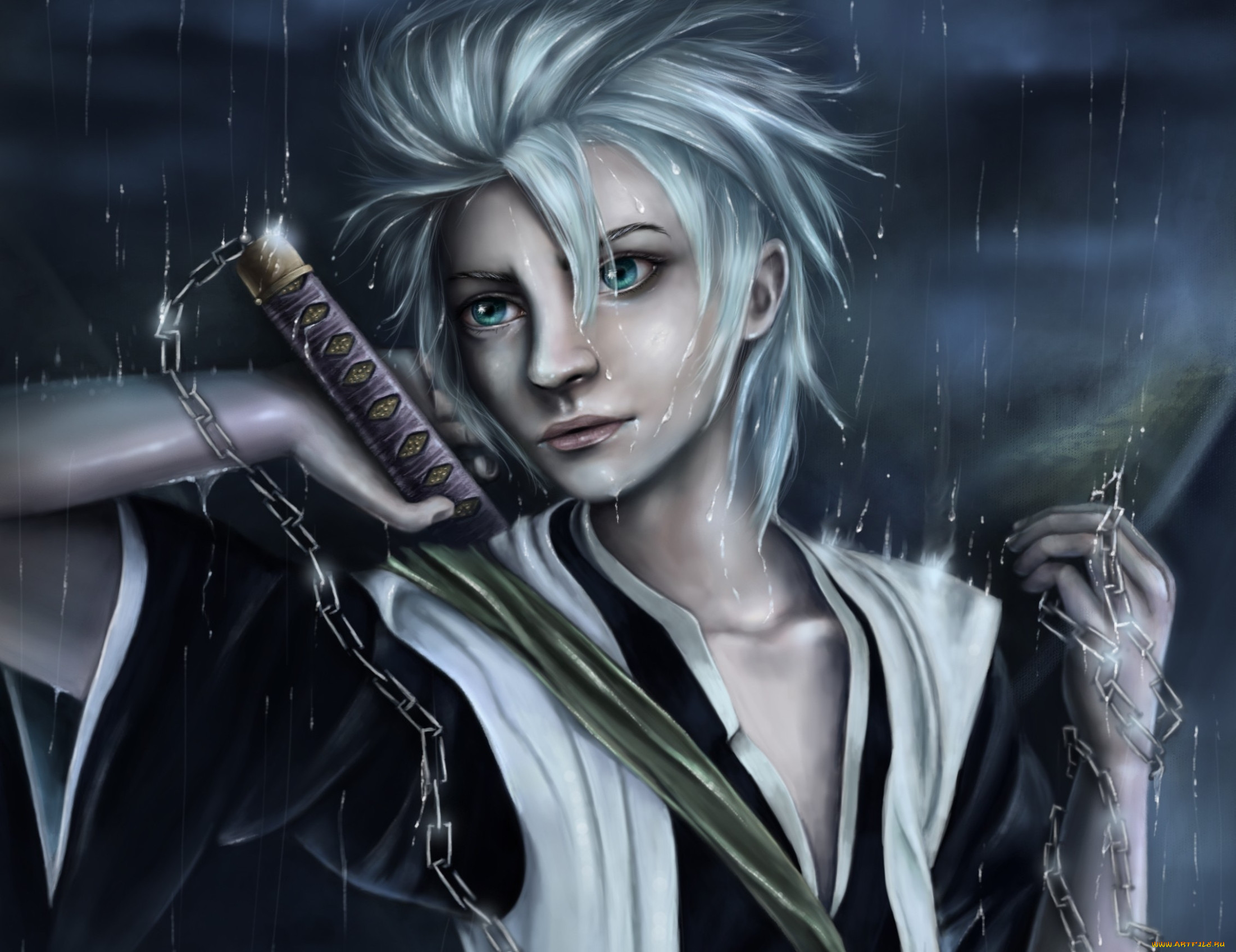 Обои Разное Арты, обои для рабочего стола, фотографии аниме, bleach,  hitsugaya, toushirou, парень, меч, цепи, дождь Обои для рабочего стола,  скачать обои картинки заставки на рабочий стол.